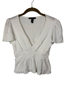 Forever 21 Small White Ribbed Knit Short Sleeve Wrap Top Minimalist Soft Girl
